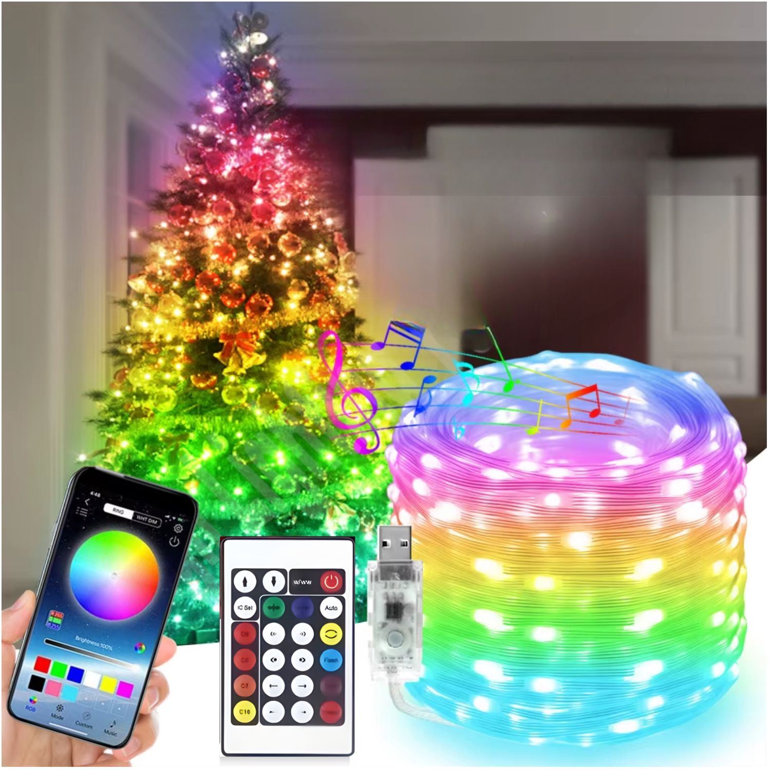 Guirnalda de Luces LED Navideñas RGB Inteligentes 10M con App, Control Remoto, USB y Sincronización Musical