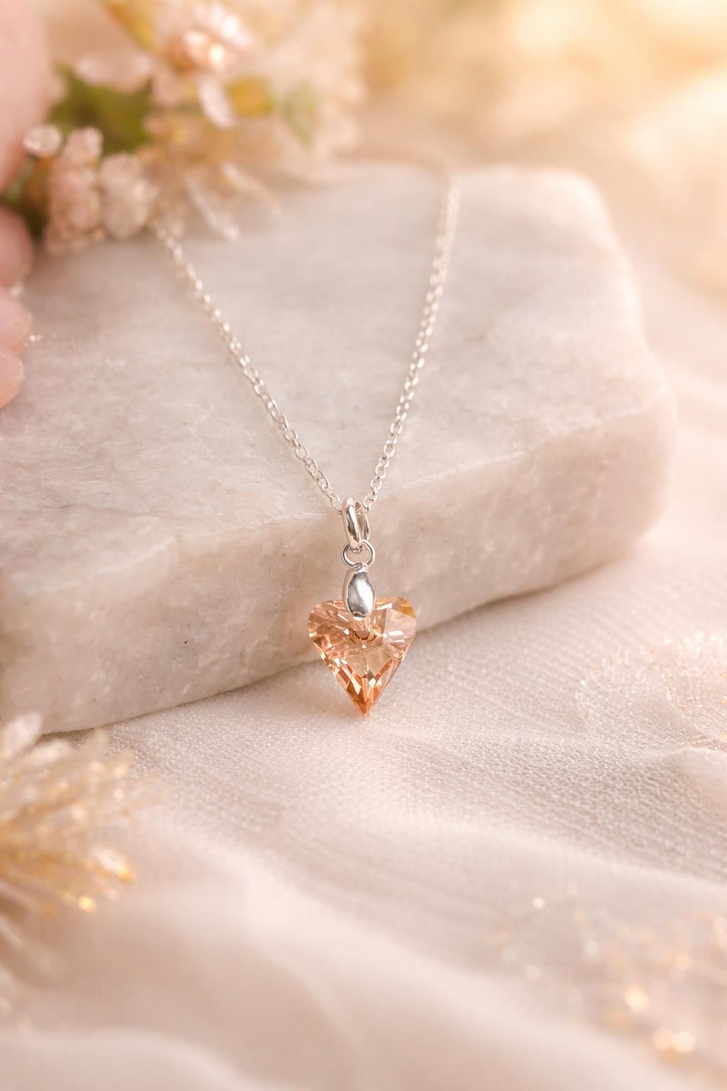 Collar de Plata 925 para Mujer con Dije Corazón de Cristal Ámbar Regalo Romántico para Ella