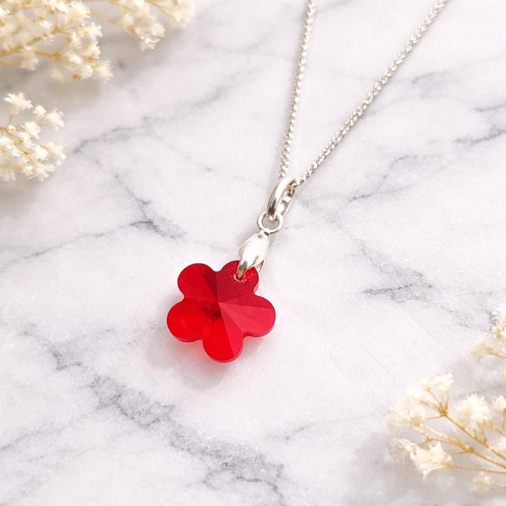 Collar de Plata 925 Dije Flor de Cristal Rojo para Mujer Collar Elegante Ideal Regalo para Ella