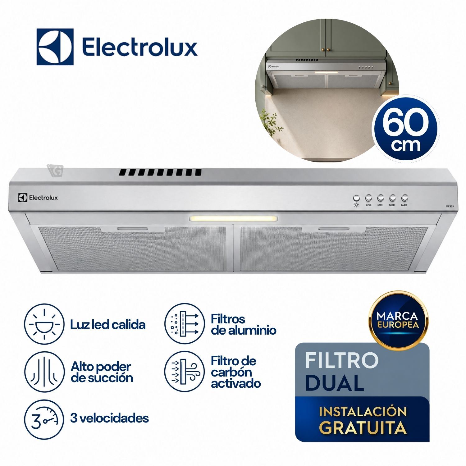 Campana Extractora Electrolux 60cm Alto Poder de Succión e iluminación LED Inox DE6SS