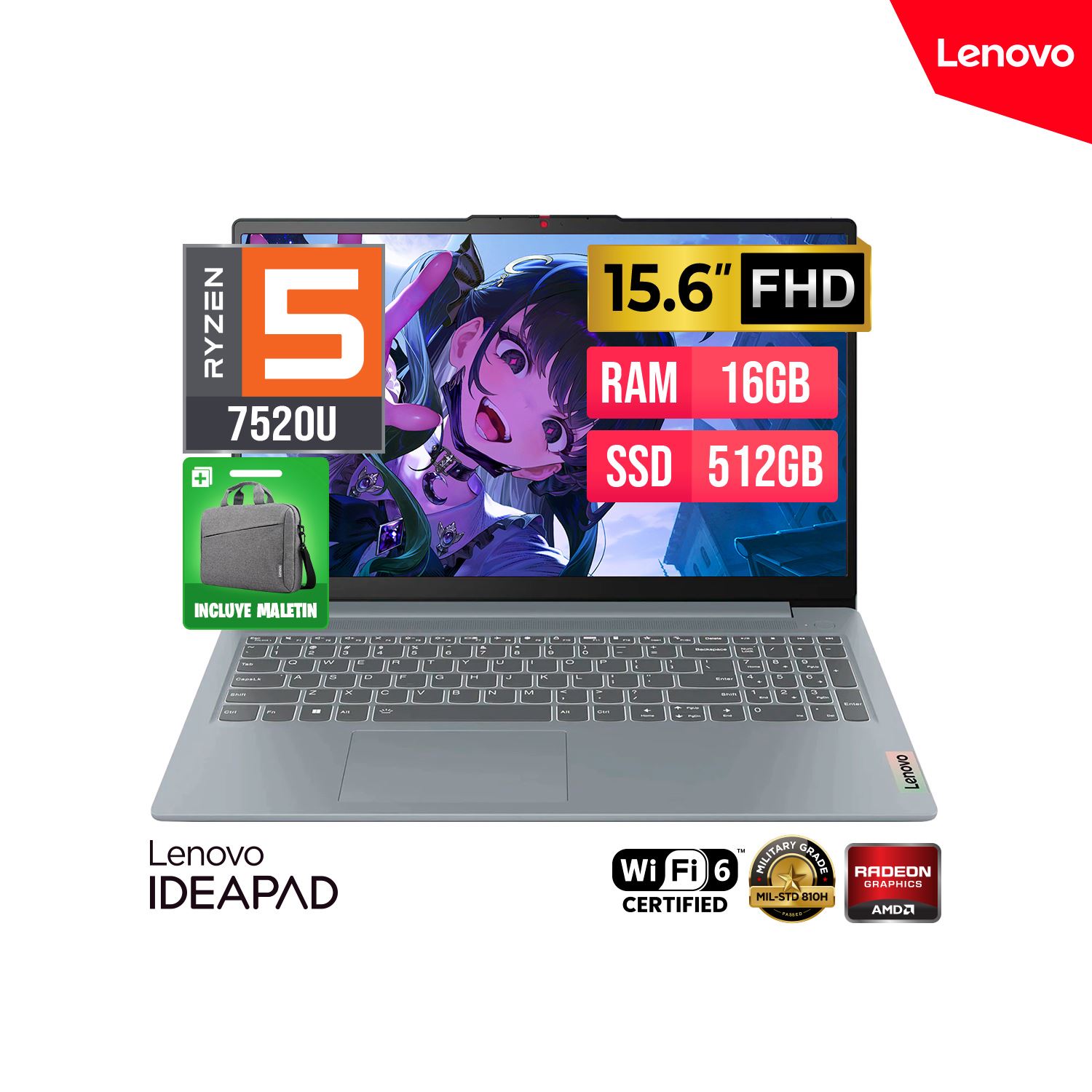 LAPTOP LENOVO IDEAPAD SLIM 3 15AMN8 AMD RYZEN 5 7520U 15.6" FHD 16GB DDR5 SSD 512GB+Maletin FreeDOS