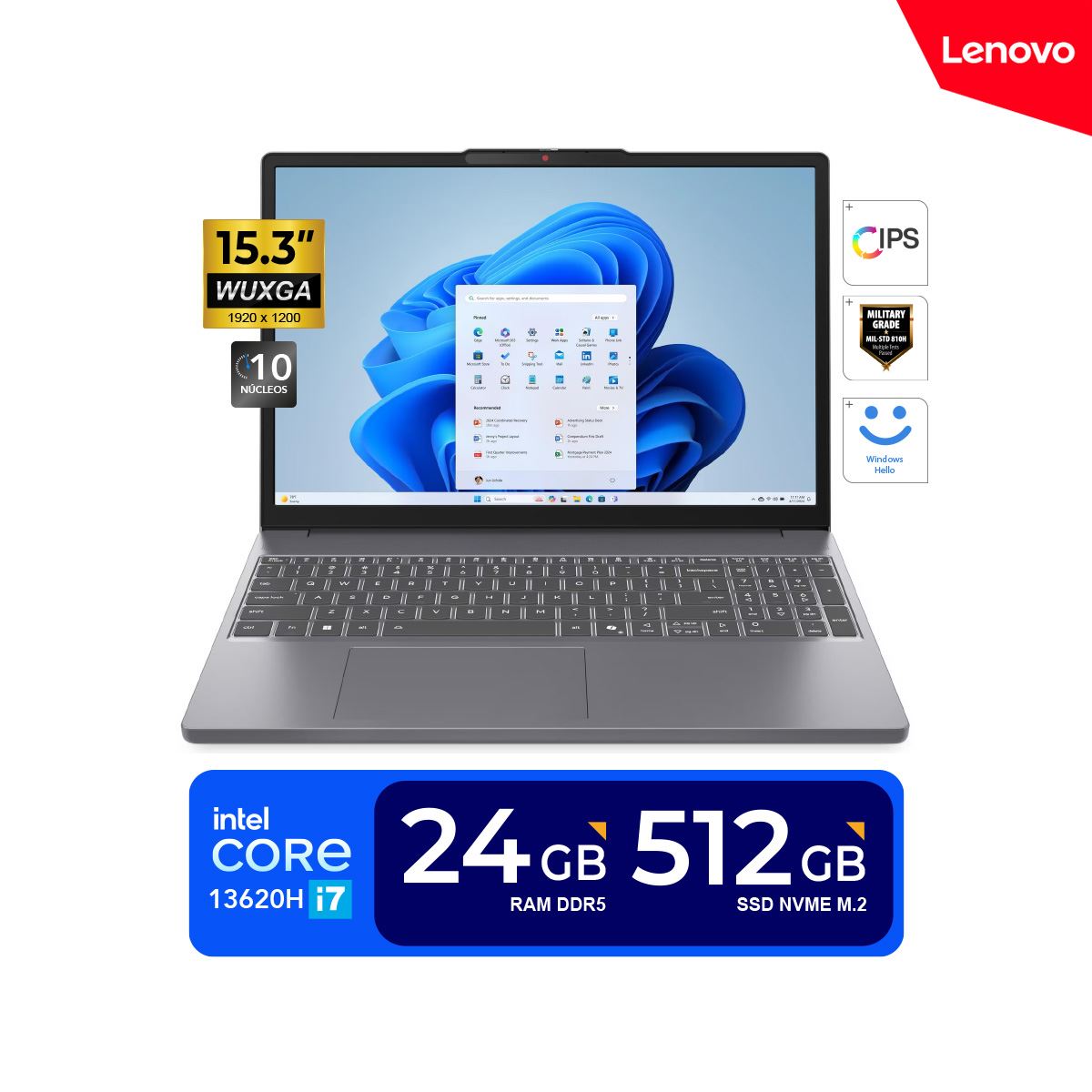 LAPTOP LENOVO CORE I7-13620H IDEAPAD SLIM 3 15.3" WUXGA (1920 X 1200) / 24GB DDR5 / 512GB SSD NVME / FREEDOS