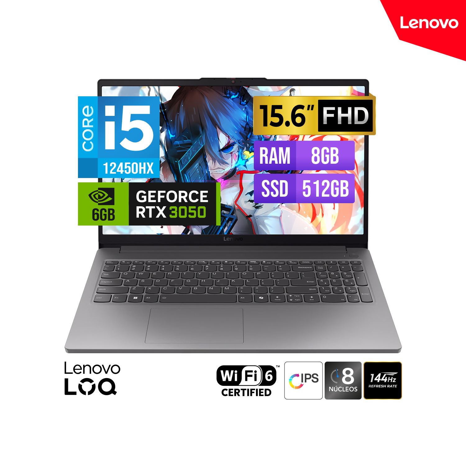 LAPTOP GAMER LENOVO LOQ 15IAX9E Core I5-12450HX 15.6 FHD 144HZ 8GB DDR5 512GB RTX 3050 6GB FreeDOS