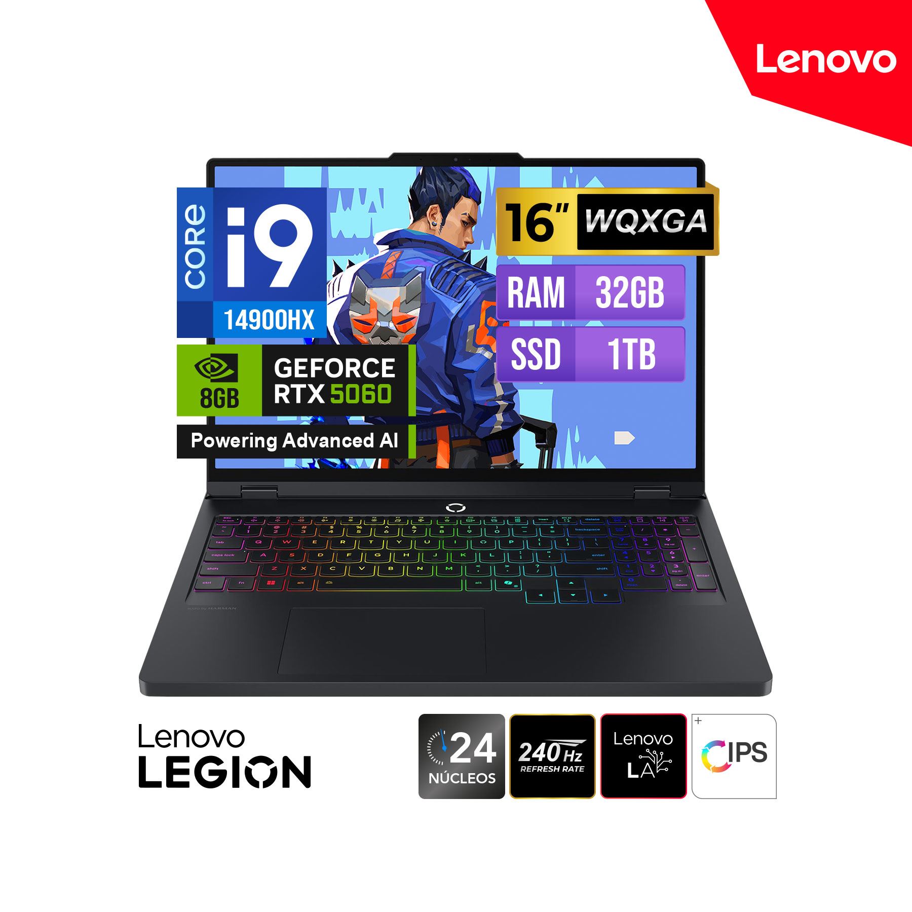 LAPTOP GAMER LENOVO LEGION PRO 5 16IRX10 16 WQXGA IPS 240HZ CORE i9 14900HX 32GB 1TB RTX 5060 8GB FreeDOS