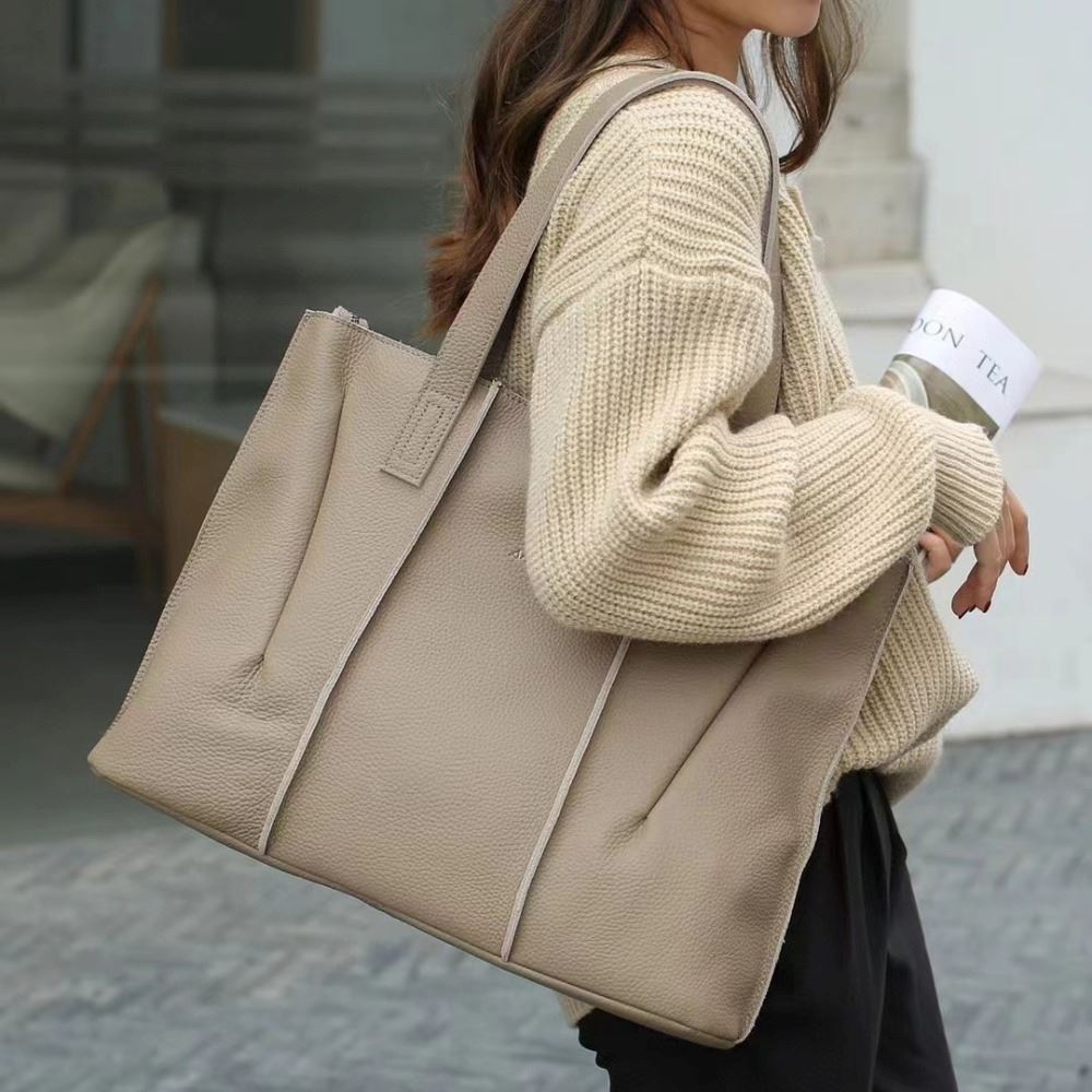 Bolso de Cuero Vacuno De Amplia Capacidad 8692 Beige Oscuro
