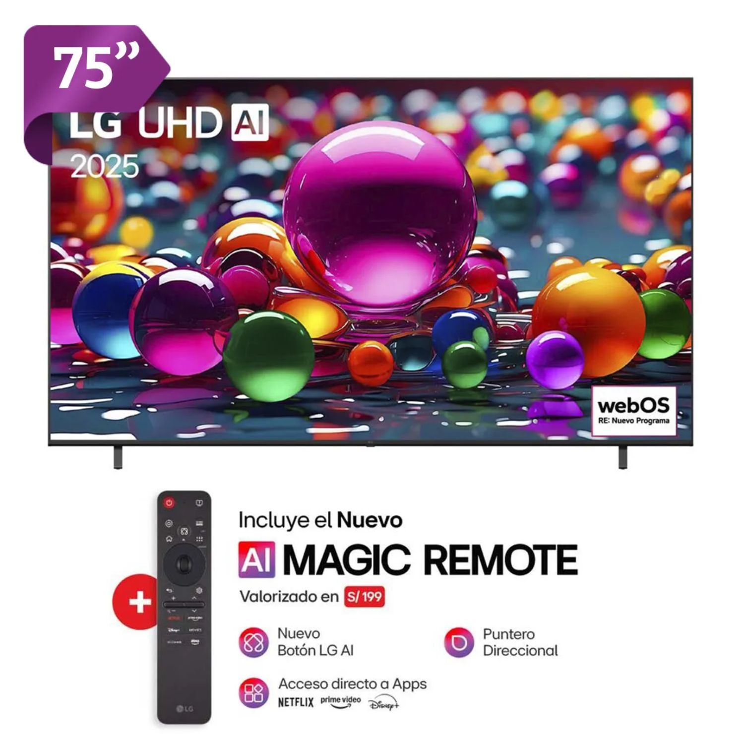 Televisor LG 75" LED UHD 4K Smart TV ThinQ AI 75UA8000PSA + Magic Remote