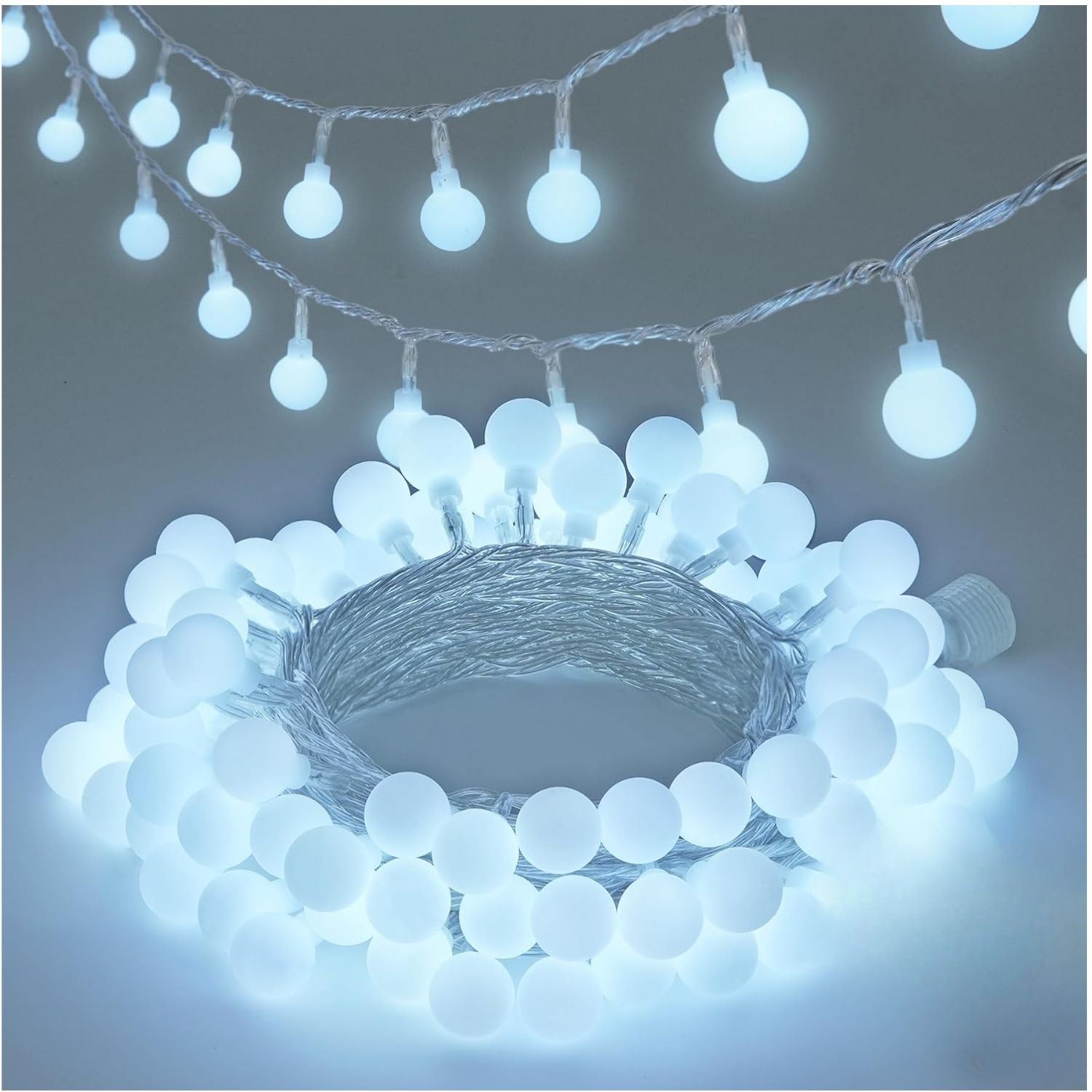 Guirnalda LED 9m con 100 Luces Blancas en Bolitas, 8 Modos, IP44, Cable Transparente para Decoración Hogar y Eventos