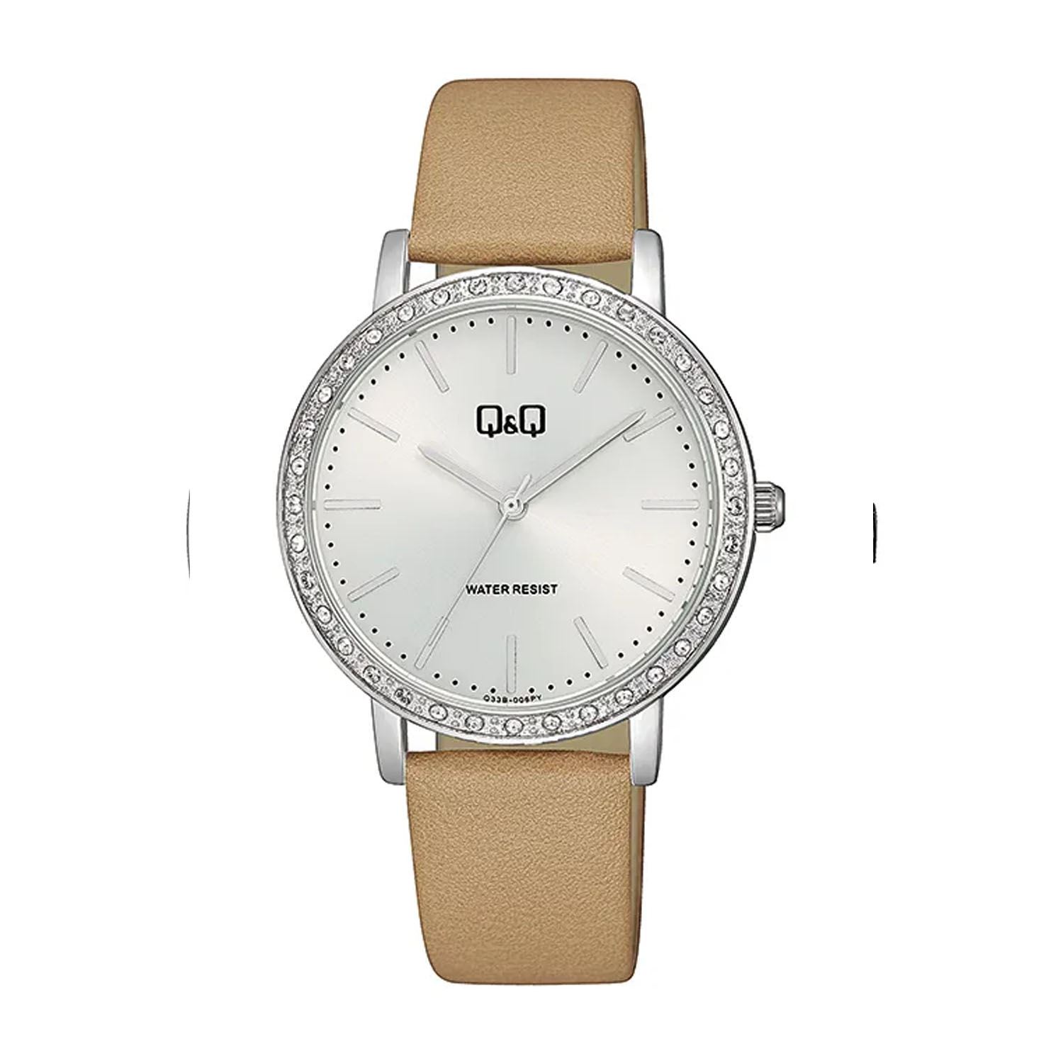 Reloj Mujer Q&Q Analógico Cuero Beige Esfera Blanca con Caja Q&Q Regalo Elegante para Ella