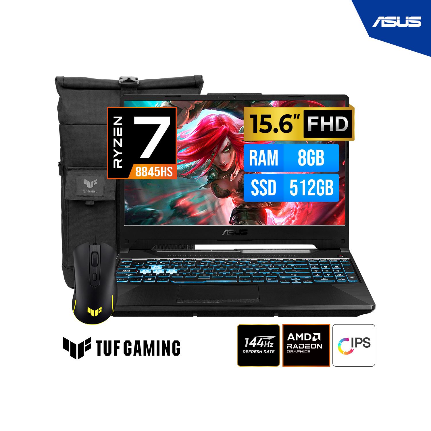 LAPTOP ASUS TUF GAMING A15 FA506NCG-HN334 15.6 FHD IPS Ryzen 7 8845HS 8G DDR5 512 GB RTX 3050 4GB Mochila + Mouse FreeDOS