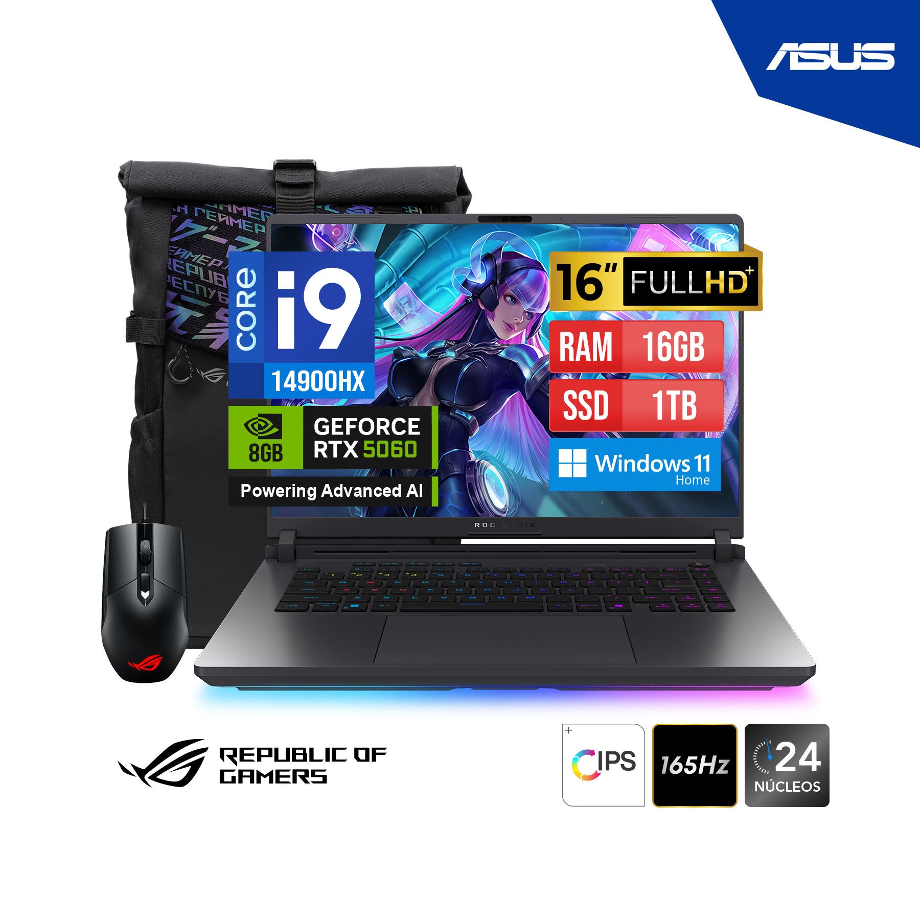 LAPTOP ASUS ROG STRIX G615JMR-RV017W G16 i9 1TB/16GB/RTX5060 8GB/16/WIN11H/MOCHILA-MOUSE-ADA.TipoC