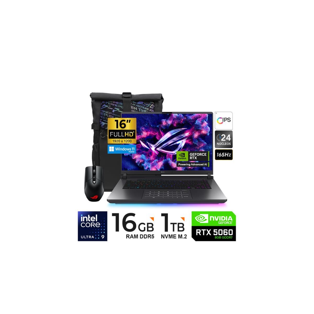 LAPTOP ASUS ROG STRIX G615LM-RV015W G16 U9 1TB SSD/16GB/RTX5060 8GB/16"/WIN11H/MOCHILA-MOUSE-ADA.TipoC
