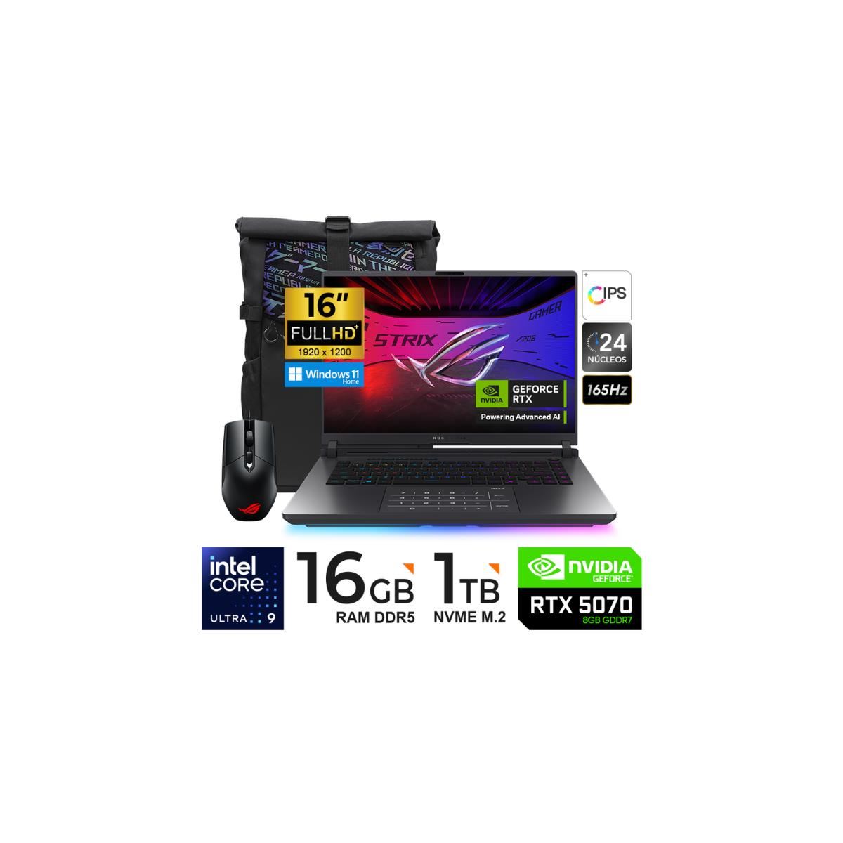 LAPTOP ASUS ROG STRIX G615LP-RV019W G16 ULTRA 9 275HX 1TB/16GB/RTX5070 8GB/16″/WIN11H/MOCHILA-MOUSE-ADA.TipoC.
