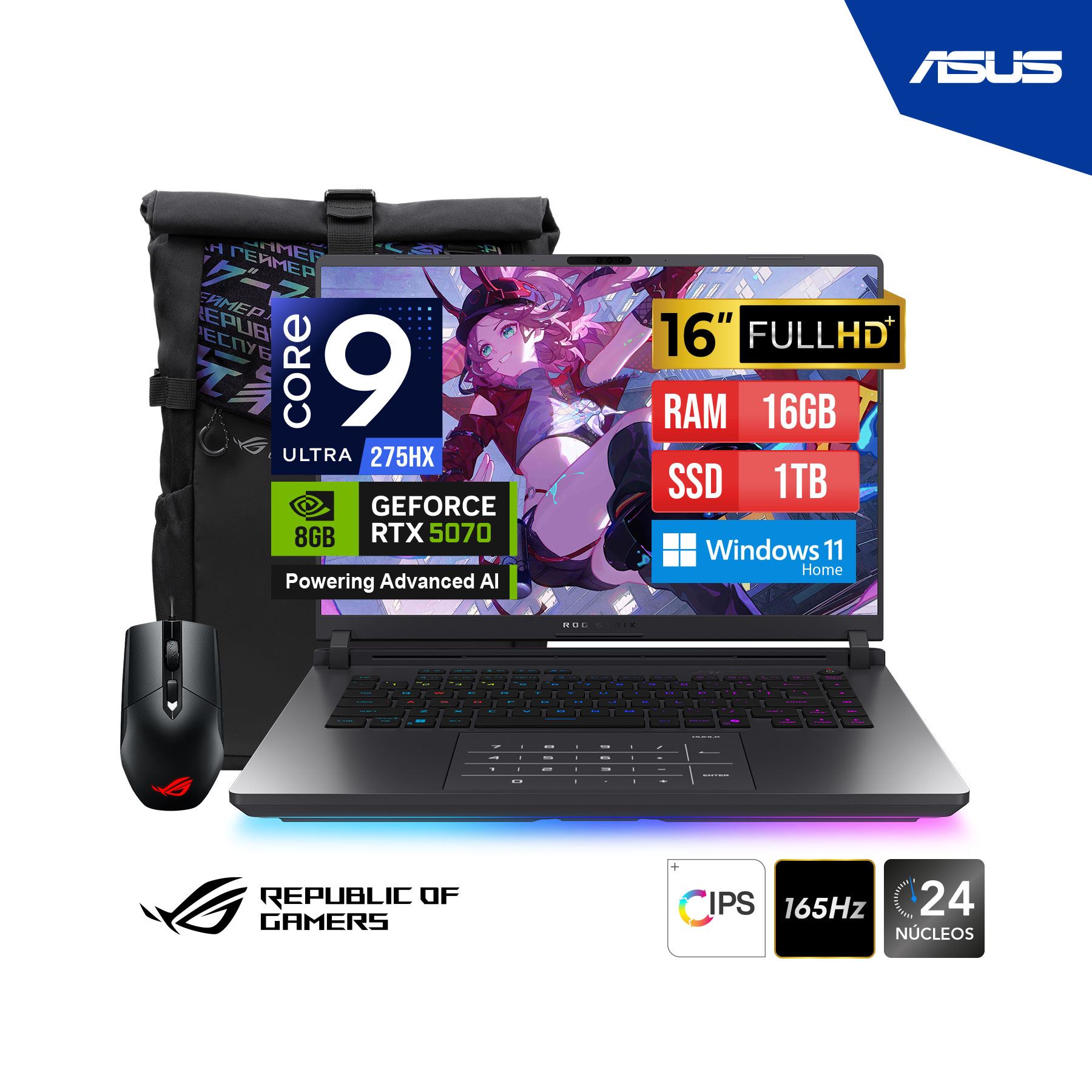 LAPTOP ASUS ROG STRIX G615LP-RV019W G16 ULTRA 9 275HX  1TB SSD/16GB/RTX5070 8GB/16"FHD 165HZ/WIN11H/MOCHILA-MOUSE-ADA.TipoC.