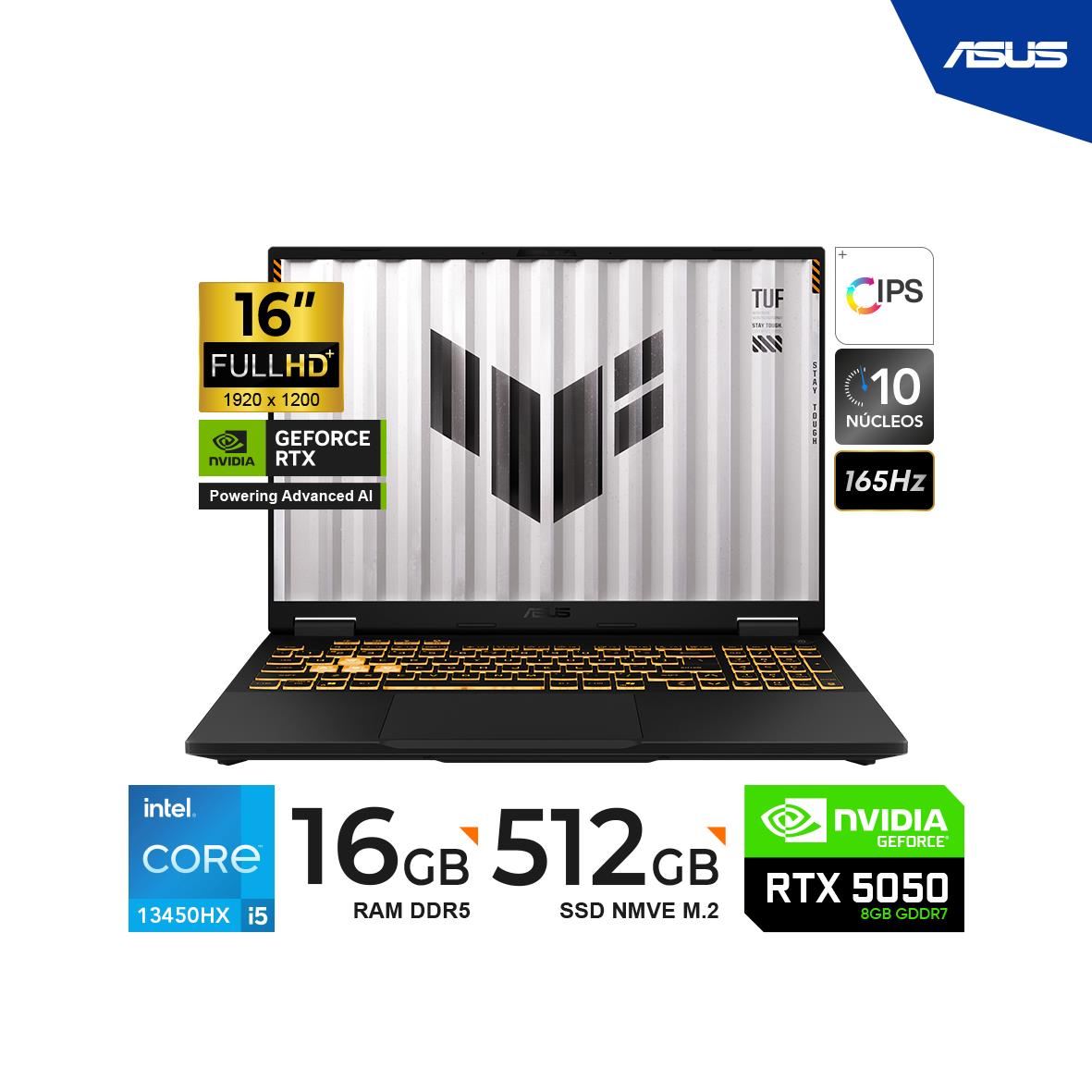 Laptop ASUS TUF FX608JH-RV010 F16 16” FHD 165Hz i5-13450HX 16GB 512GB SSD RTX 5050 8GB FreeDOS