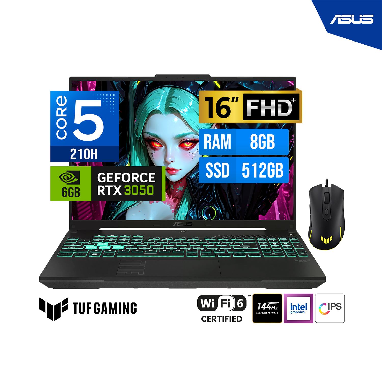 LAPTOP ASUS TUF GAMER FX607VJB-RL209 F16 16" WUXGA IPS 144Hz Core 5 210H 8GB DDR5 512GB RTX 3050 6GB FreeDOS