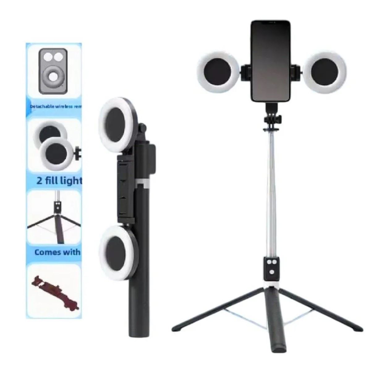 Trípode Palo Selfie Stick con Control Bluetooth Doble Aro Luz Led 1. 70 MT