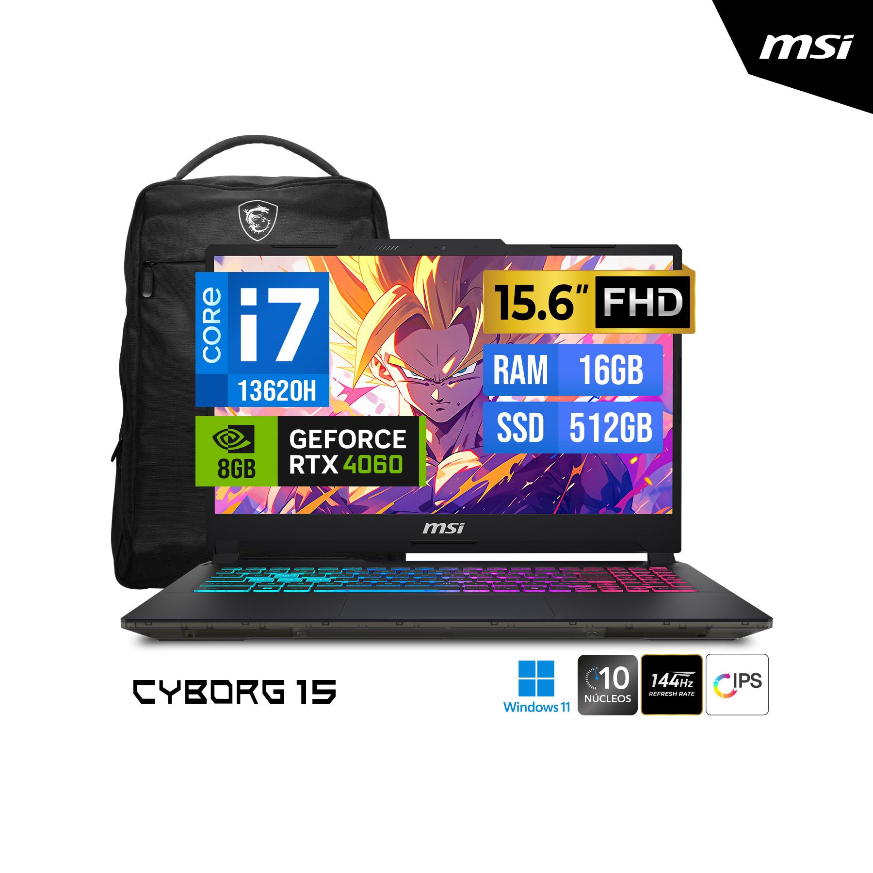 Laptop MSI Gaming Cyborg 15  i7-13620H /16GB / SSD 512GB / RTX4060 / 15.6" FHD / Windows 11 Home /Mochila MSI