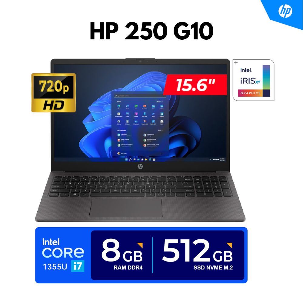 LAPTOP HP 250 G10 / 15.6" HD LED/ Core i7-1355U 5.0GHz 10 Núcleos/ 8GB DDR4, 512GB SSD/ FREEDOS