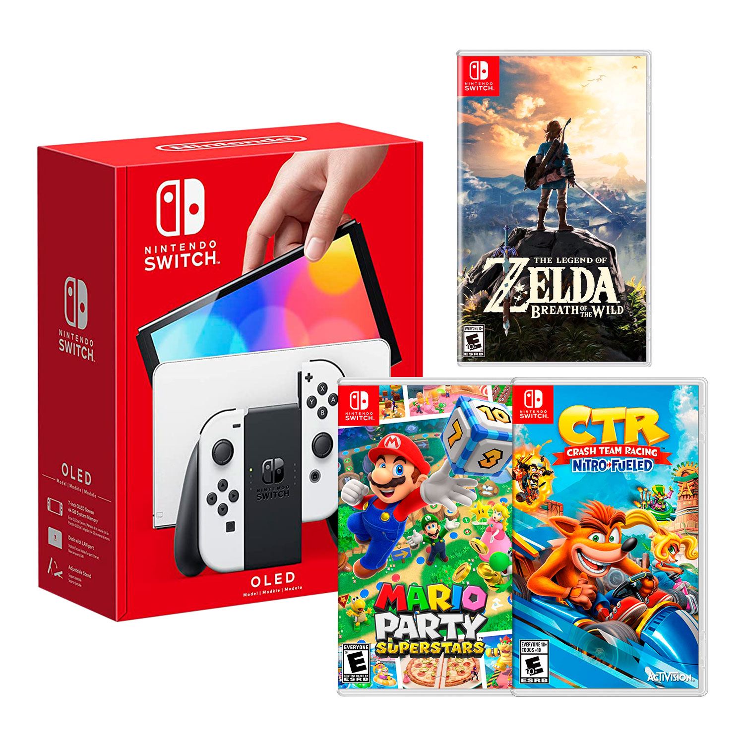 Consola Nintendo Switch Oled Blanco + Zelda Breath + CTR + Mario Superstar