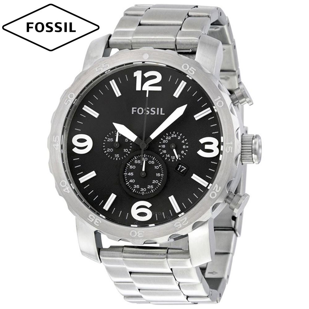 Reloj Fossil Nate JR1353 Fecha Cronometro Acero Inoxidable Dial Negro