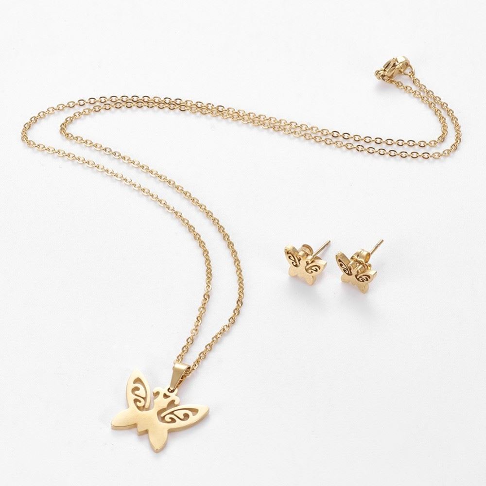 Set de Collar y Aretes Mujer Mariposa SE000070 - Acero Inoxidable 304 Dorado