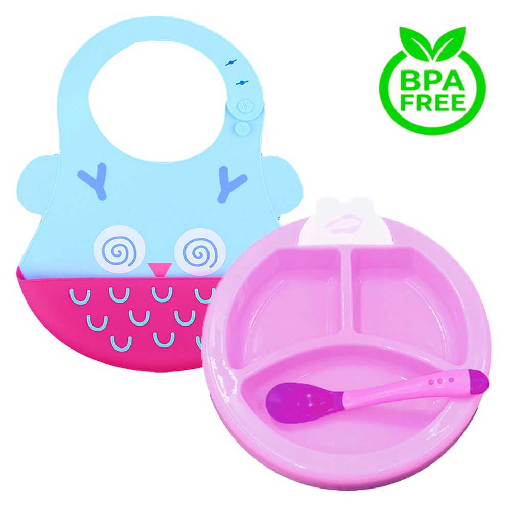 Pack Babero Buho y Set Plato Termico Fucsia para bebe