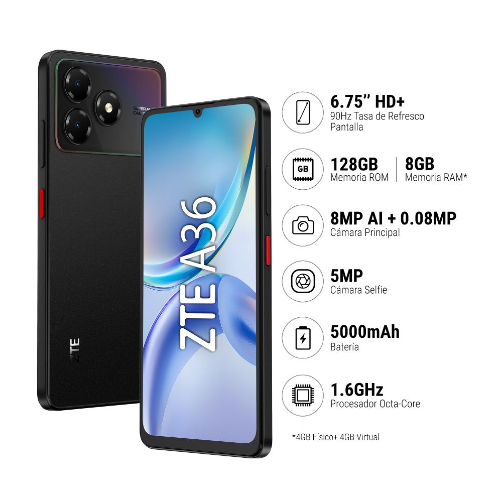 Smartphone ZTE A36 (4+8)GB+128GB - Negro