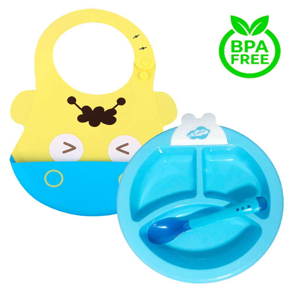 Pack Babero Hipo y Set Plato Termico Celeste para bebe