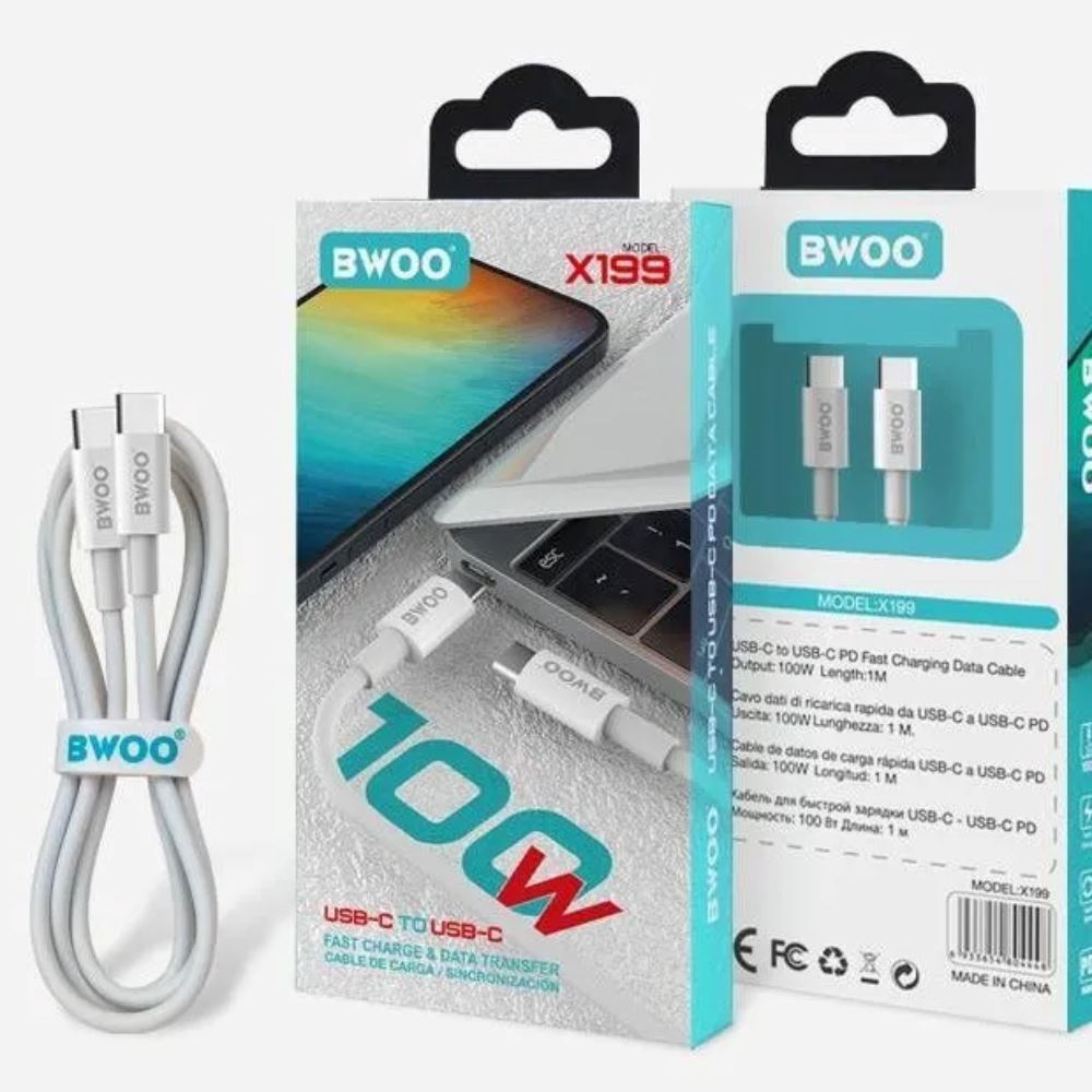 CABLE DE DATOS Y CARGA 100W TIPO-C A TIPO-C 1MT ULTRA RAPIDO X199 BWOO