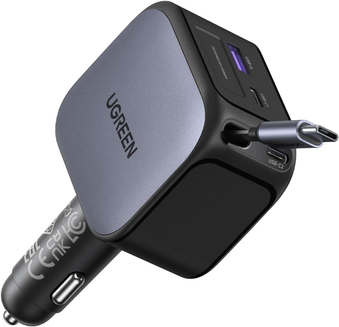 CARGADOR RÁPIDO PARA AUTO UGREEN NEXODE 145W CON CABLE RETRÁCTIL DE 3 PUERTOS.