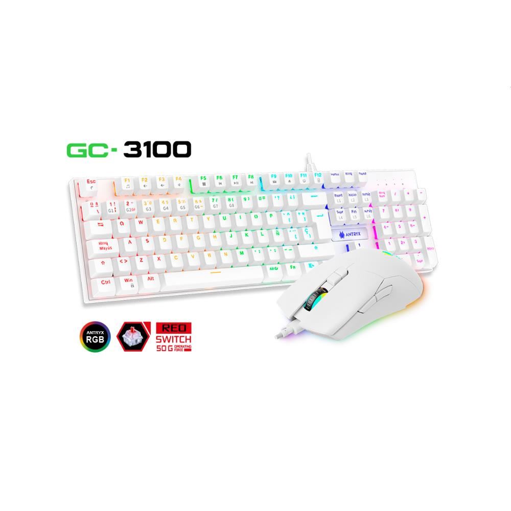 KIT ANTRYX GAMING TECLADO MECANICO + MOUSE GC-3100 WHITE RED SWITCH