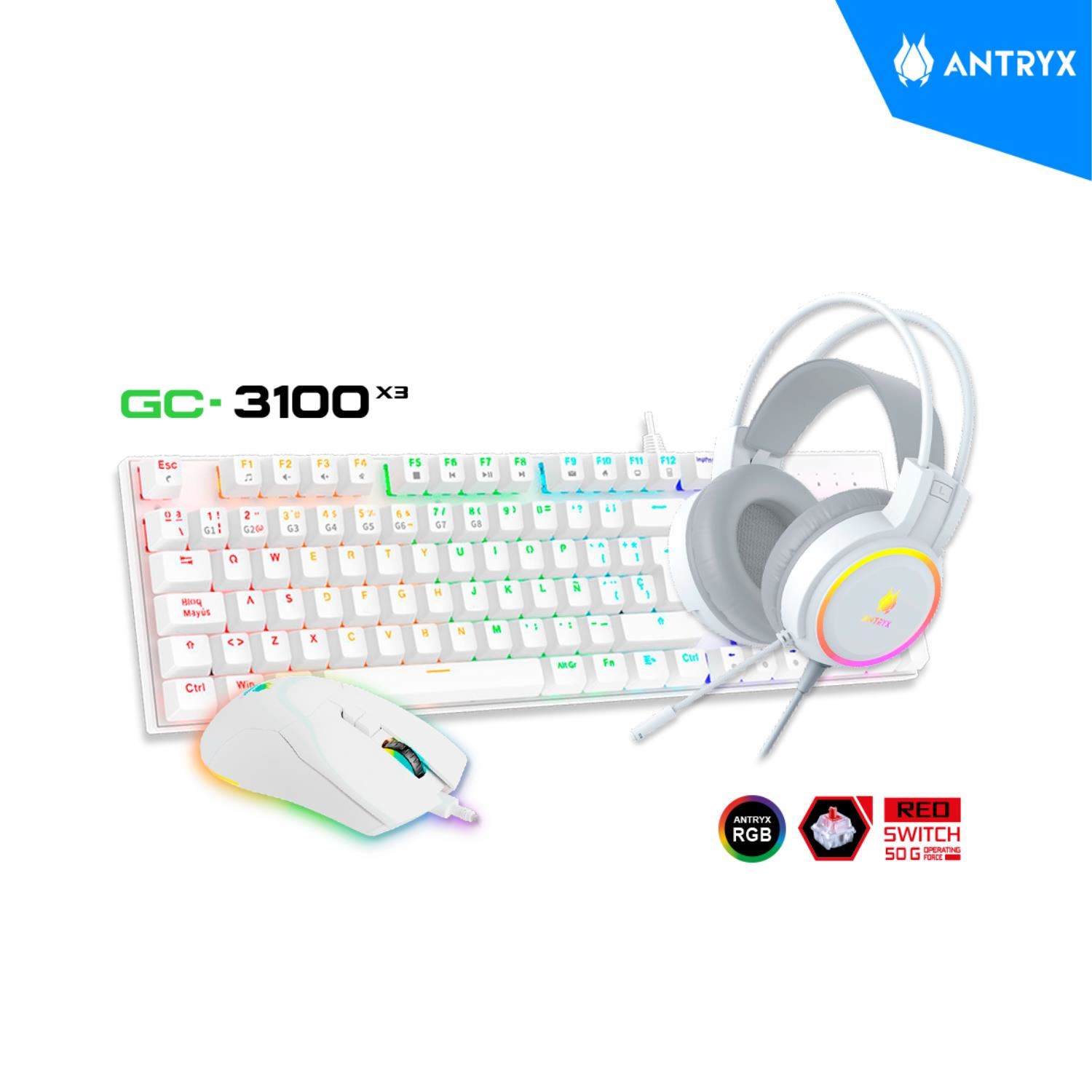 KIT ANTRYX GAMING AUDIFONO + TECLADO + MOUSE GC-3100 X3 WHITE RED SWITCH