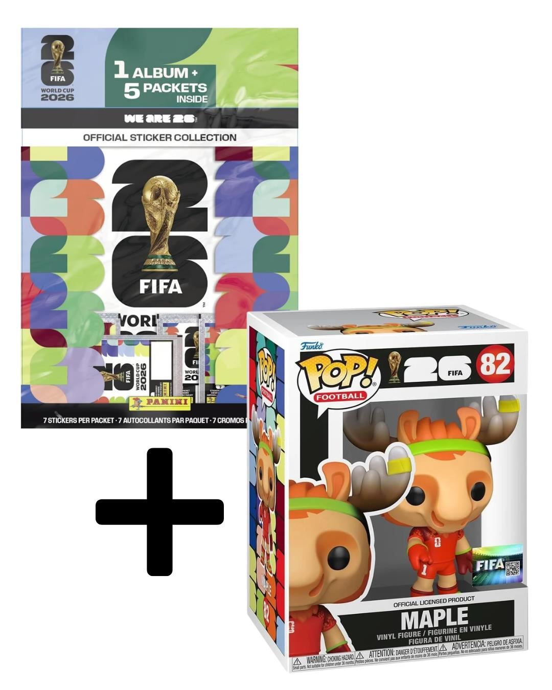 Mundial 2026: Combo Álbum Mundial Panini (Tapa Blanda) + 5 paquetes de stickers + Funko Maple Oficial