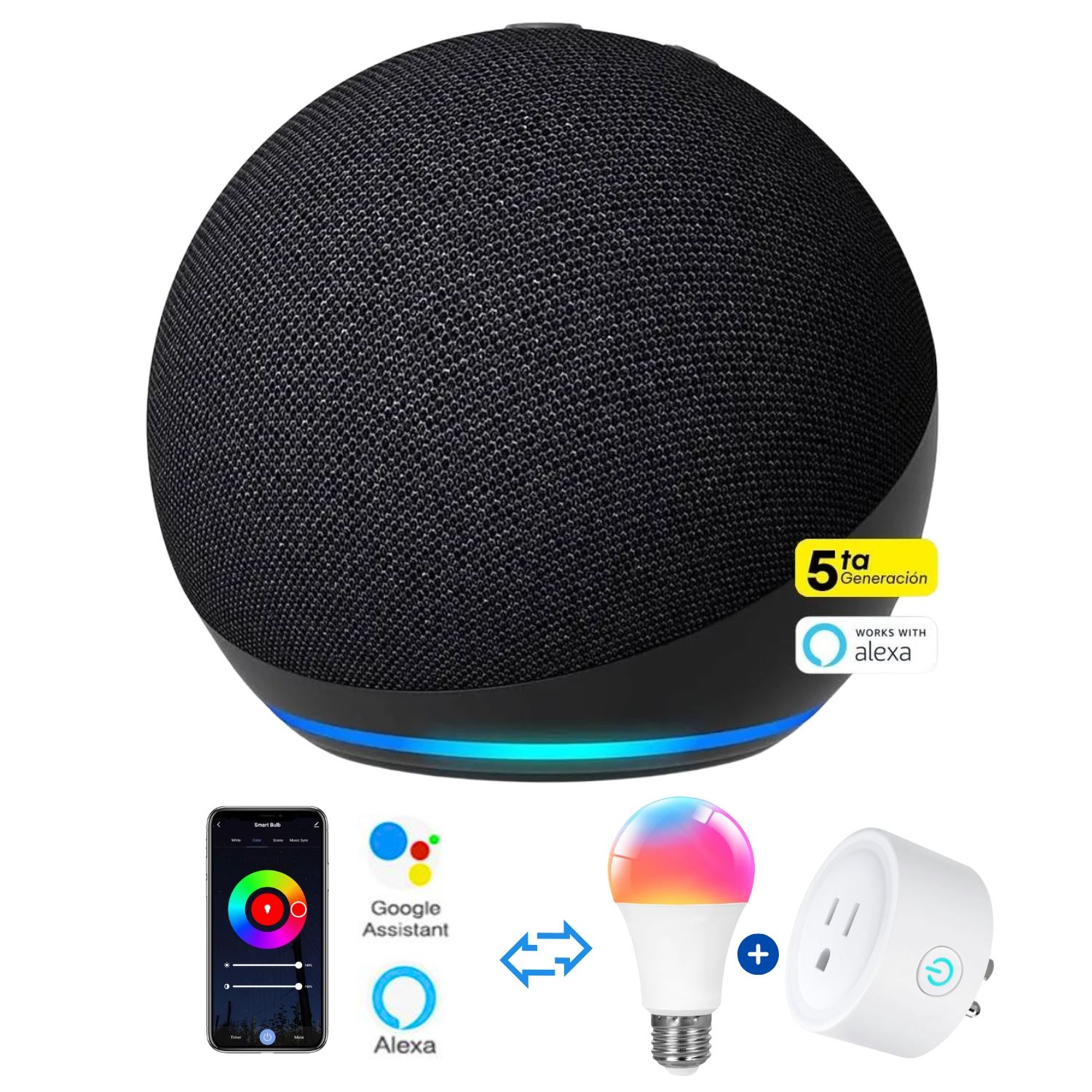 Amazon Alexa Echo Dot 5ta Gen. Negro + Foco inteligente + Enchufe inteligente