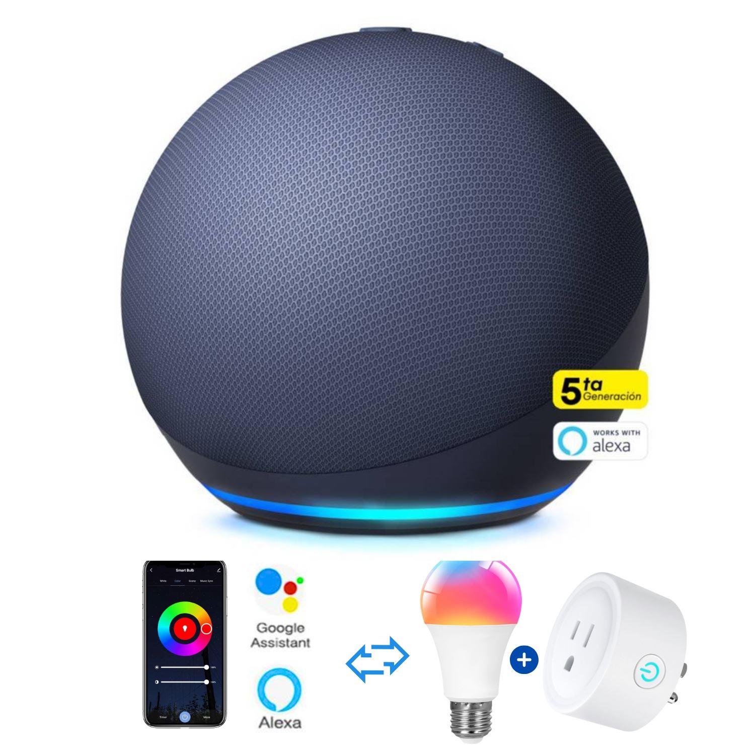 Amazon Alexa Echo Dot 5ta Gen. Azul + Foco inteligente + Enchufe inteligente