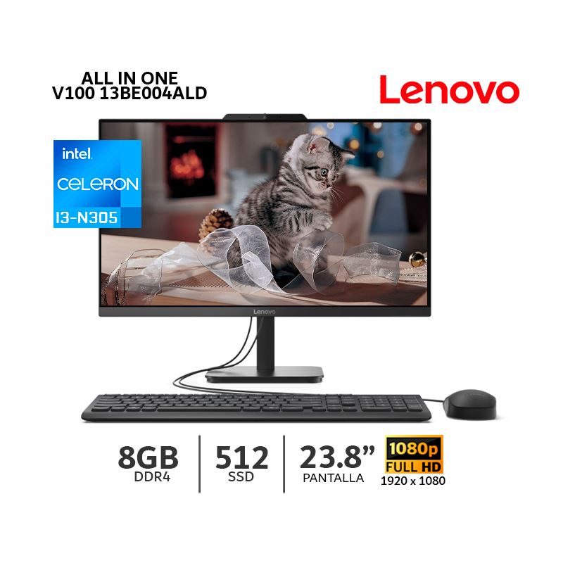 Aio Lenovo V100, 23.8 Fhd, Core I3 N305 Hasta 3.8Ghz, 8Gb Ddr4- 512 Gb Ssd M.2