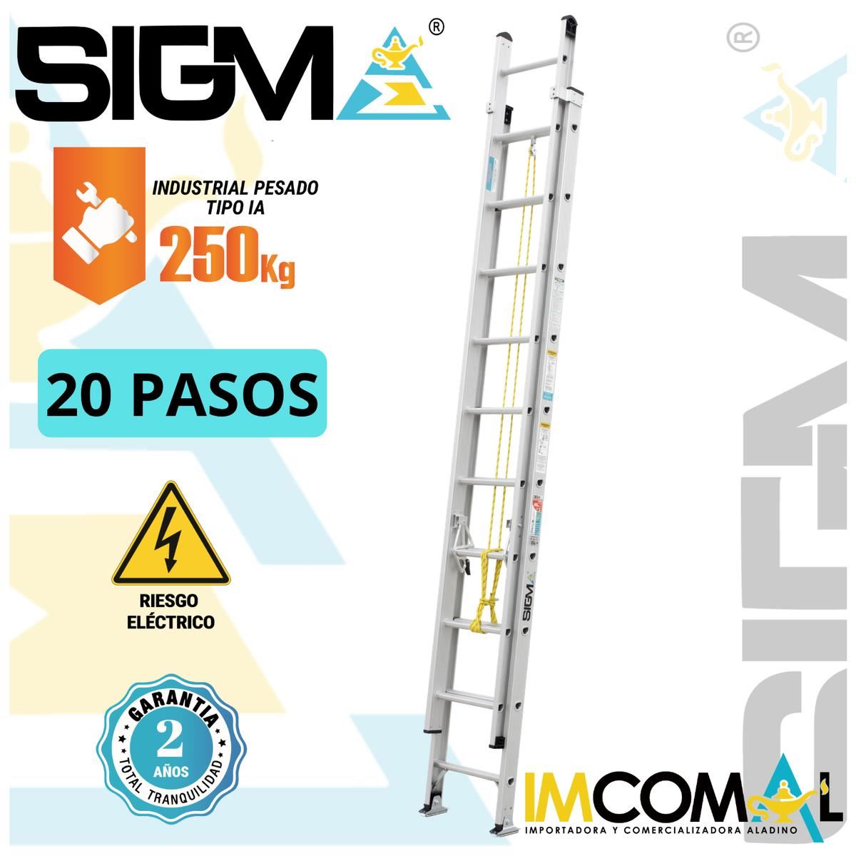 Escalera Aluminio Telescópica de 20 Pasos. Cap. Max. de Carga: 250 Kg. Tipo IA (Industrial Pesado)
