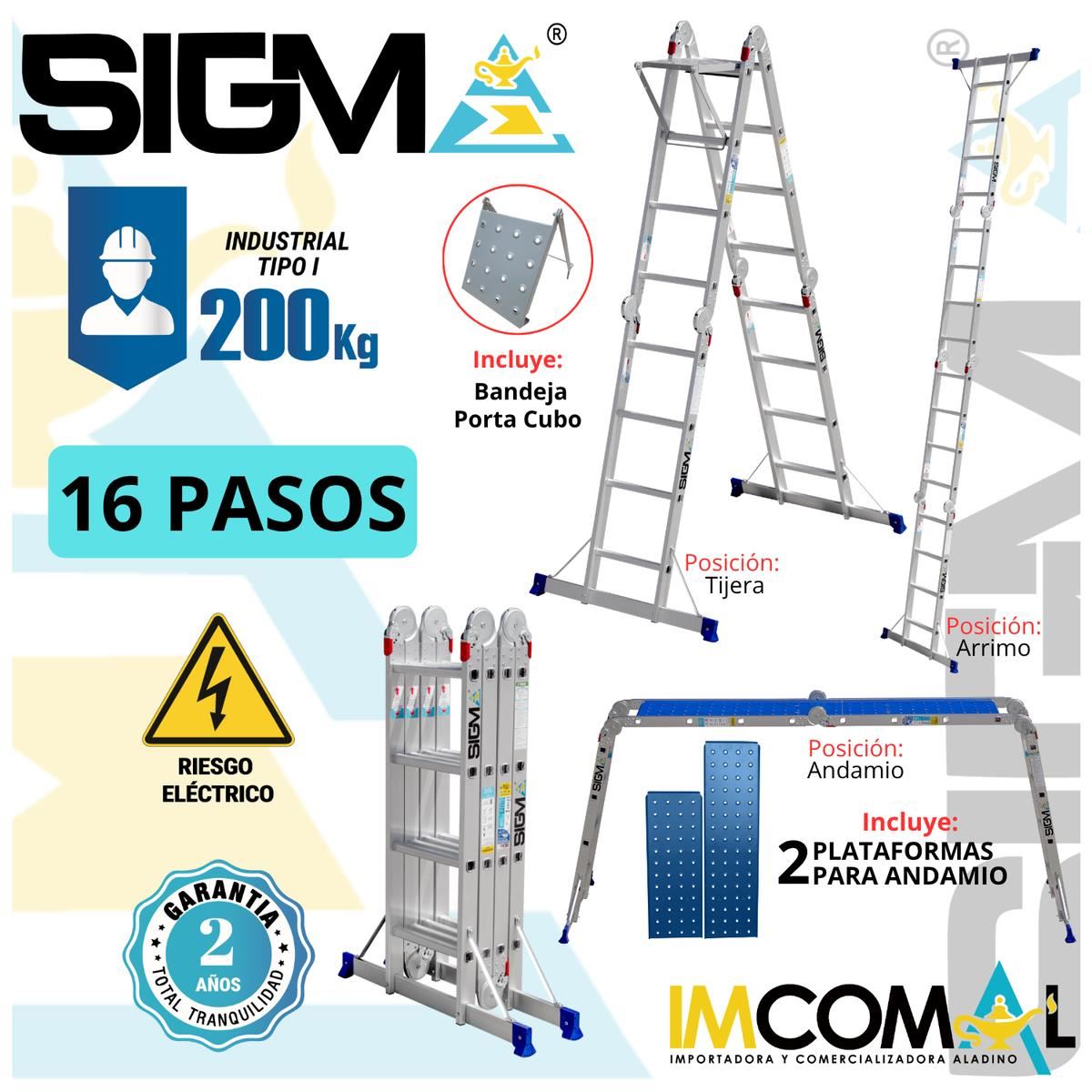 Escalera Aluminio Multipropósito Pesada de 16 Pasos 4x4. Cap. Max. de Carga: 200 Kg. Tipo I (Industrial)