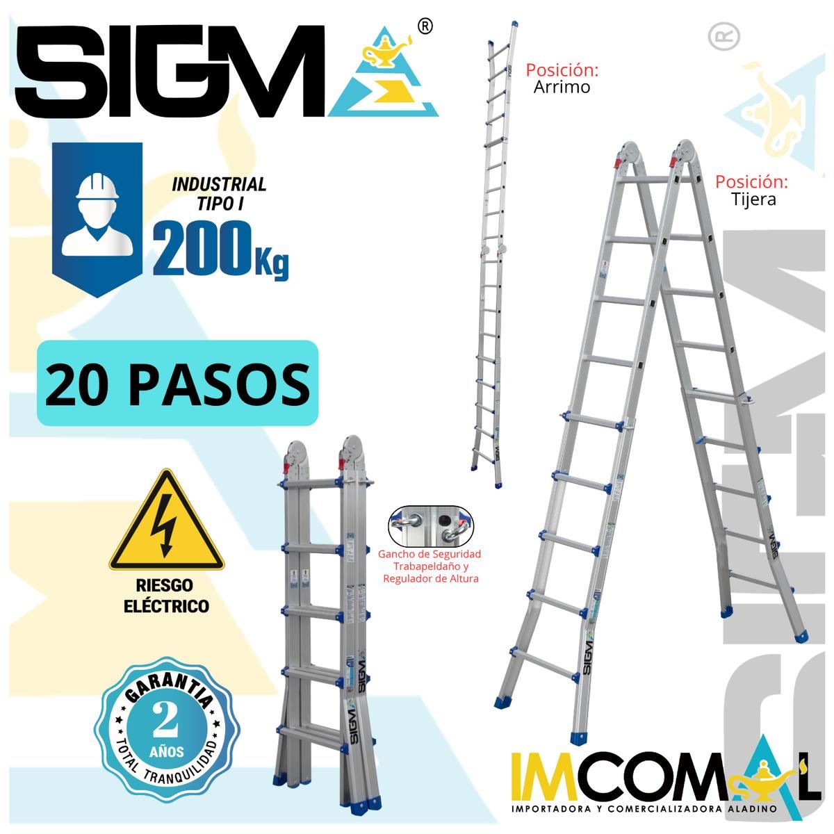 Escalera Aluminio Multipropósito Telescópica de 20 Pasos 4x5. Cap. Max. fe Carga: 200 Kg. Tipo I (Industrial)