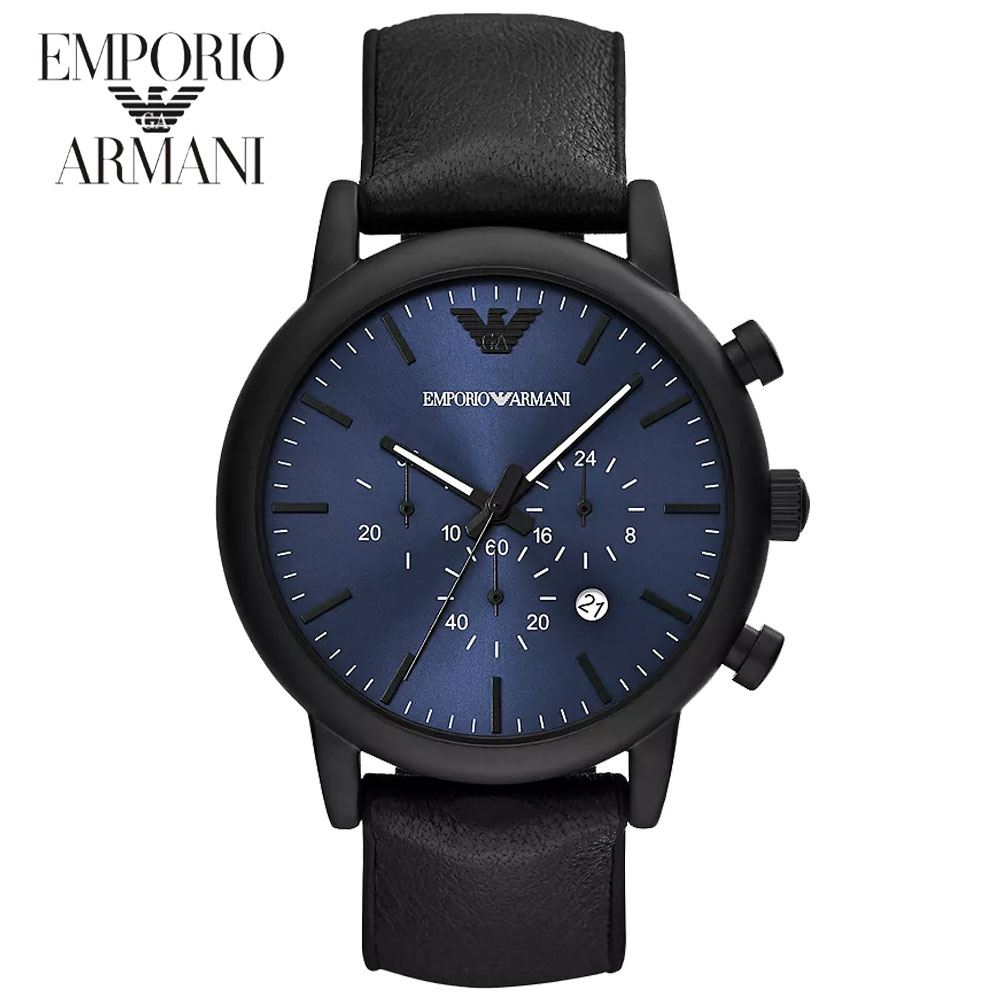 Reloj Emporio Armani Luigi AR11351 Fecha Cronometro Acero Inoxidable Correa De Cuero Negro Dial Azul