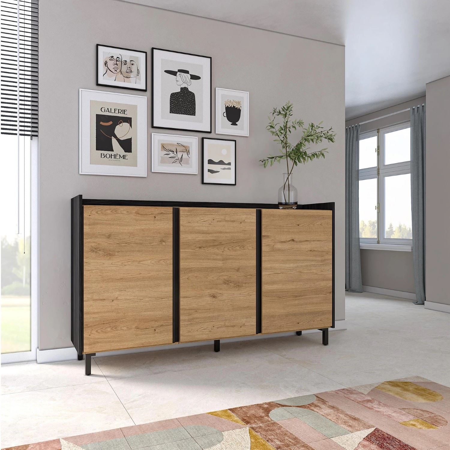 APARADOR ARABIA 3 PUERTAS 4 ESTANTES ROBLE NEGRO 156CM