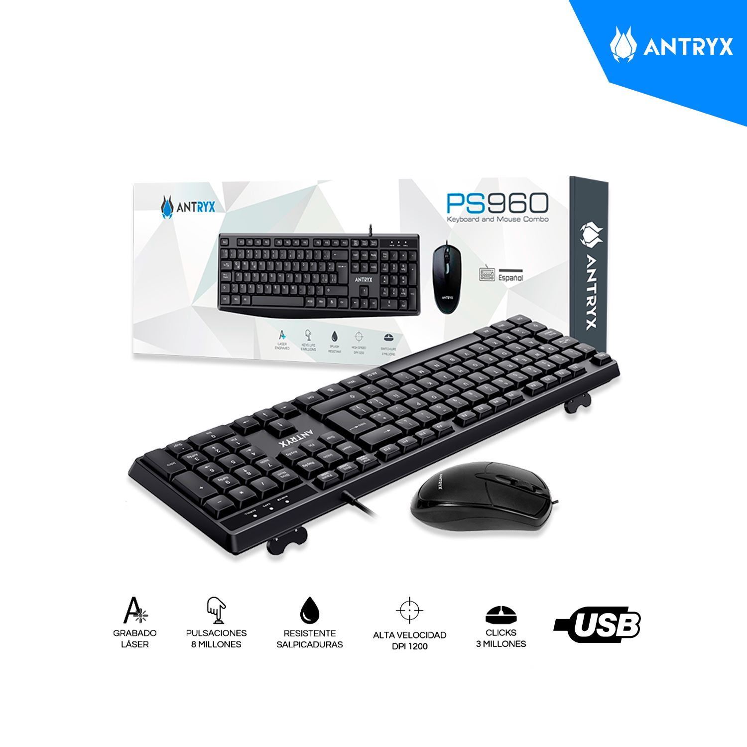 KIT ANTRYX PRECISION TECLADO + MOUSE PS960 USB NEGRO