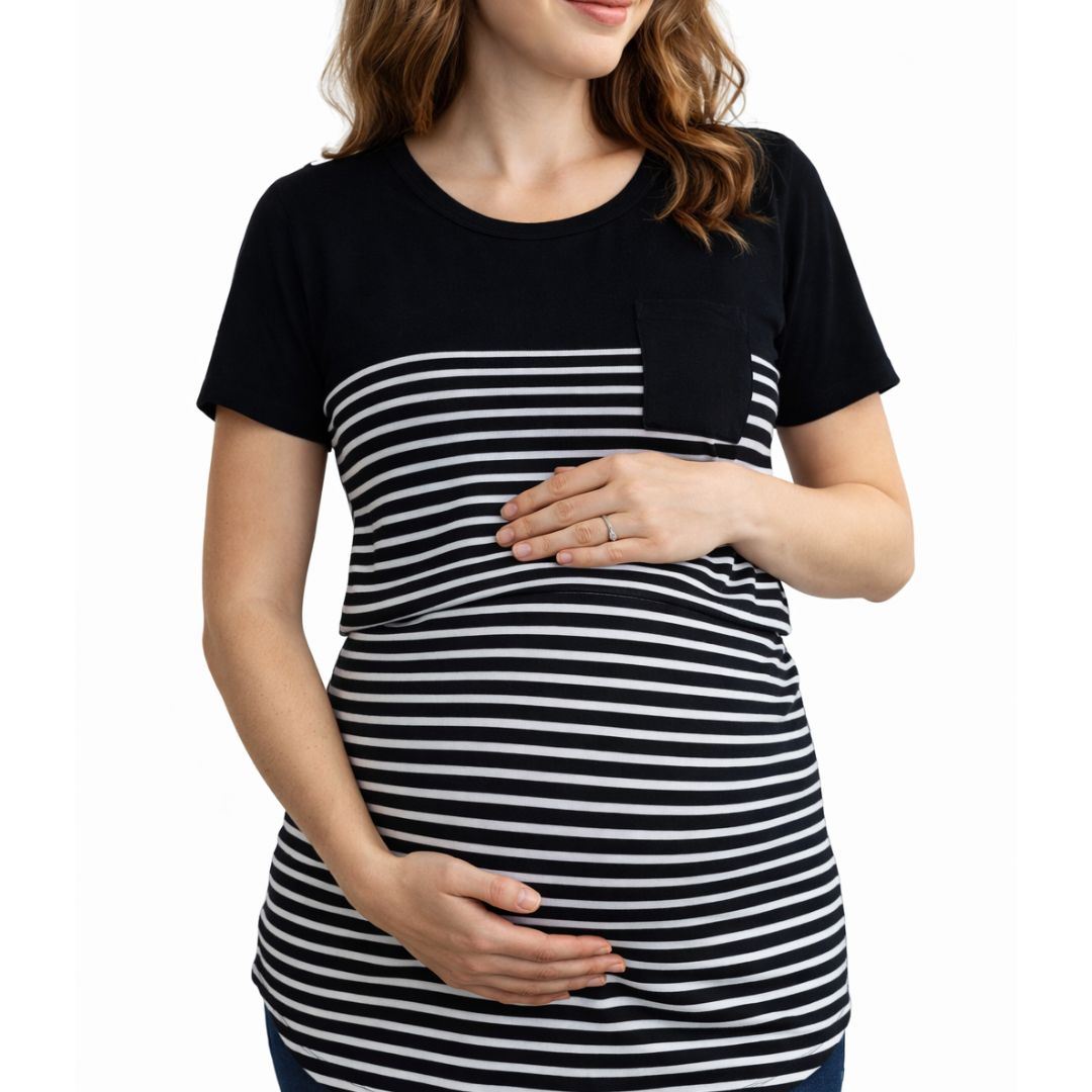 Polo A Rayas Con Bolsillo De Lactancia / Embarazo / Maternidad Basico De Algodon
