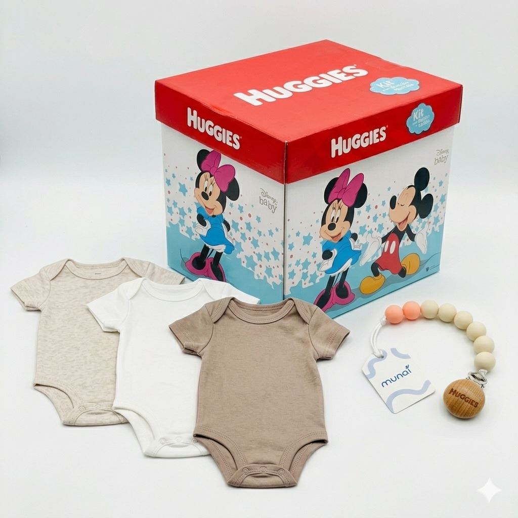 BODY NIÑO HUGGIES PACK X3 ALGODÓN ORGÁNICO COLOR AVENA BREZO 6 MESES + PORTACHUPÓN Y CAJA DISNEY DE REGALO