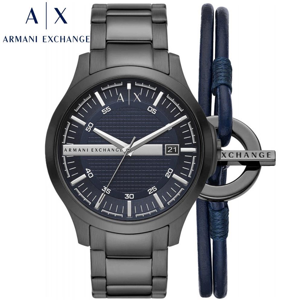 Reloj Armani Exchange Hampton AX7127 Set con Pulsera Fecha Acero Gunmetal Dial Azul