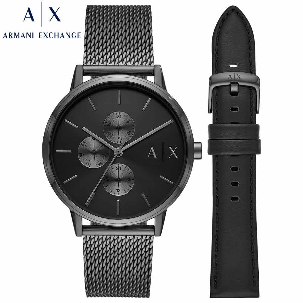 Reloj Armani Exchange Cayde AX7129SET Set con 2 Correas Acero Gunmetal Correa Cuero Negro