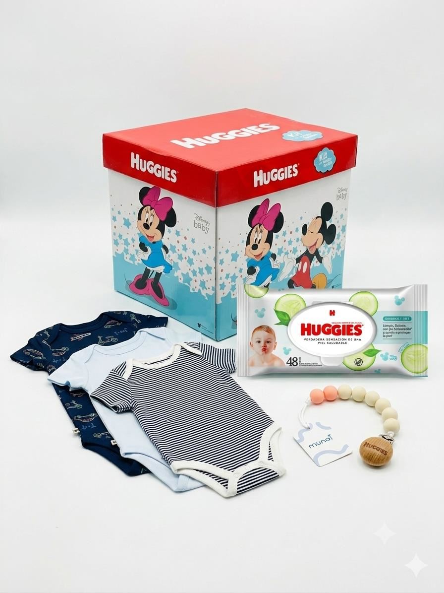 Pack de 3 bodies huggies niño azul  3 meses + toallitas húmedas 48 unid + portachupón + caja de regalo