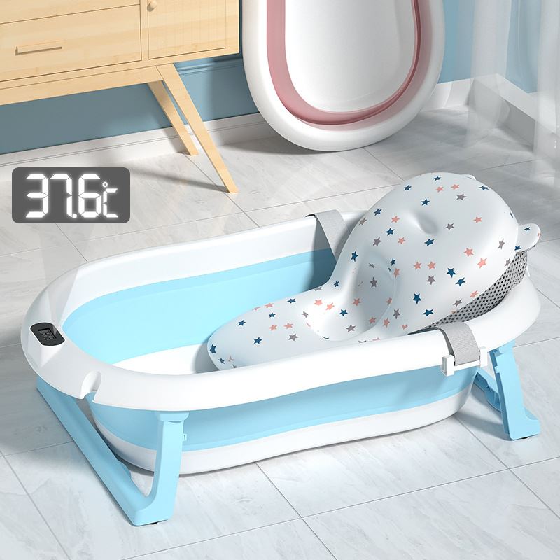 BAÑERA PARA BEBE PLEGABLE CON TERMOMETRO Y COJIN PREMIUM - CELESTE
