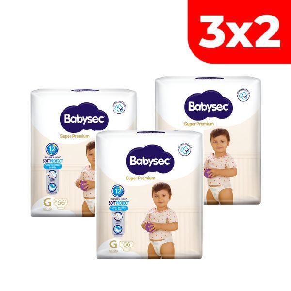 3x2 Pañal Babysec Súper Premium Talla G - Bolsa 66 UN