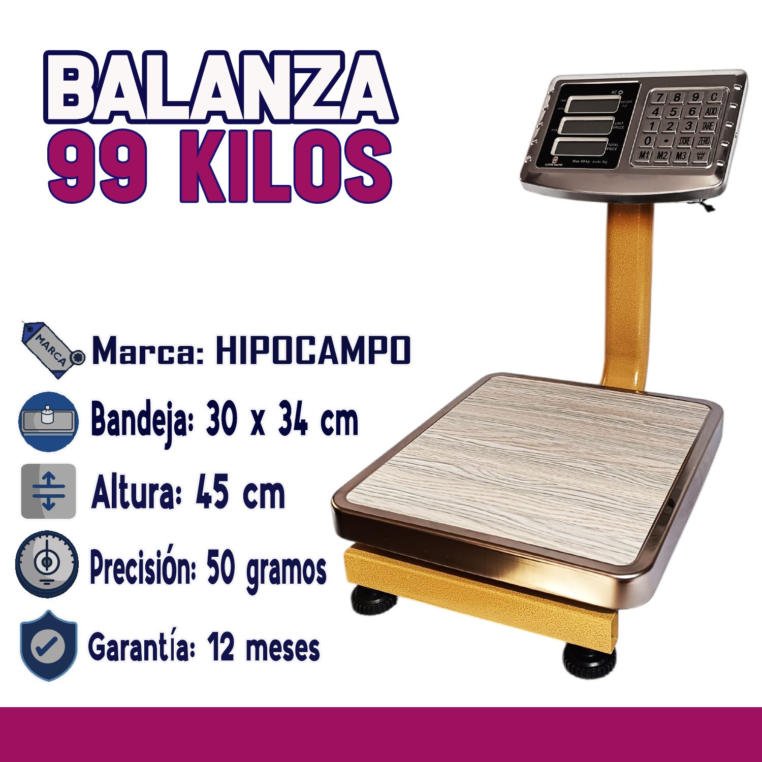 Balanza Industrial 99 Kg con Plataforma HPC-99KG Teclado de Acero